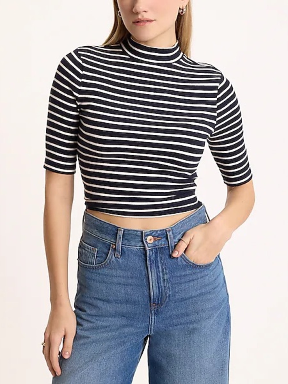 Express Striped Ribbed Mock Neck Elbow Sleeve Tee